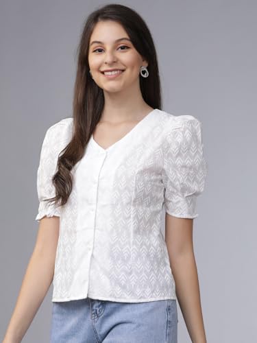Image of Tokyo Talkies Women's Short Sleeves V-Neck Embroidered Tops| Stylish Casual wear