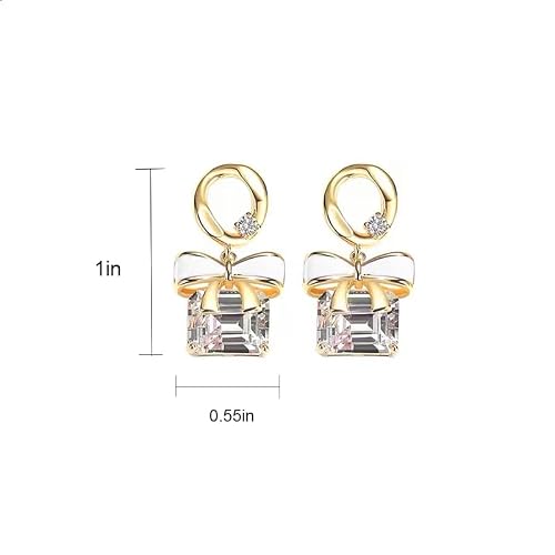 Sterling Silver Needle Dangle Earrings For Women, White Enamel Bow Ribbon Girl's Drop Earrings, Cushion-Cut Transparent Crystal As Pendant, Looks Smart And Lively (Bow Cushion Cut Pendant) #TOP5