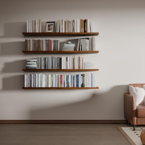Image of 48 Inch Long Floating Shelf for Wall, 4 Tier Solid Wood Floating Book Shelf,Walnut Large Wall Shelf with Heavy Duty Brackets,Floating Bookshelf for Living Room