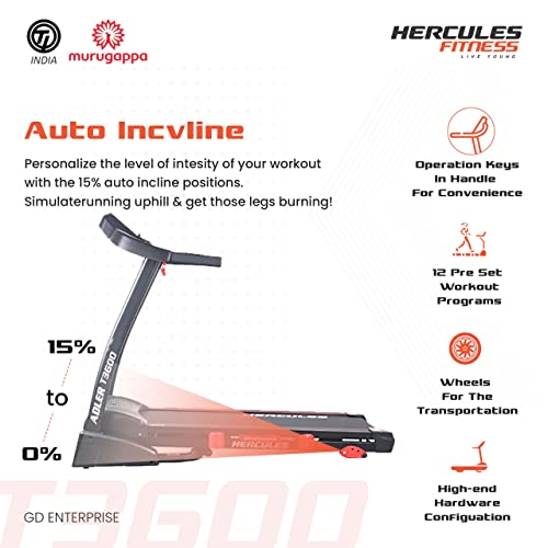 Image of GD Hercules Fitness Equipment | T 3600 3.5 HP Peak DC Motorized Treadmill | 15 Level Auto Incline | Home Cardio | Max Speed 16 Km /Hr | Max User Weight 120 Kg | Free Installation Assistance