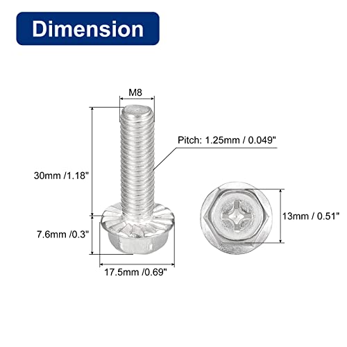 Image of uxcell M8x30mm Phillips Hex Head Flange Bolts, 5pcs 304 Stainless Steel Hexagon Phillips Flange Head Hex Bolts Machine Screws