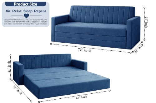 Image of 3-Seater Velvet Sofa Cum Bed with Armrests | Modern Convertible Sleeper Couch | Stylish Sofa Bed for Living Room, Bedroom & Office | Blue