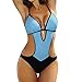 Produktbild BBring Damen Sexy Einteiliger Badeanzug Einfarbig Träger Niedrige V-Ausschnitt Bikini Hohl Monokini Badebekleidung (S, Blau)