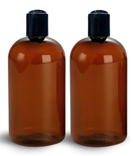 ljdeals 16 oz Amber Plastic Empty Bottles with Black Disc Top Caps, Refillable Containers for Shampoo, Lotions, Cream and More, BPA Free, Pack of 2, Made in USA