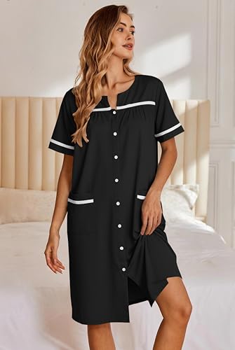 Image of Ekouaer Nightgowns for Women House Dress with Pockets Button Down Sleepshirt Short Sleeve Nightshirt Housecoat