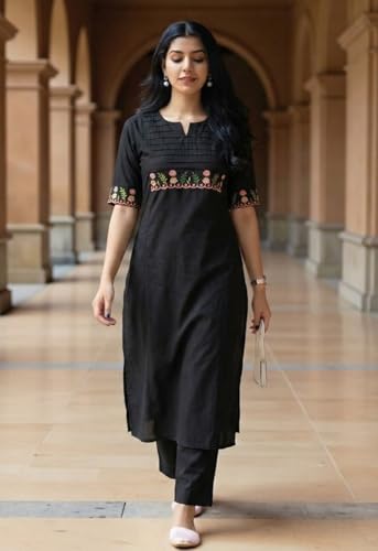 Image of eightone Women's White Cotton Straight Kurti with Floral Embroidery, Pin-Tuck Yoke, Casual Ethnic Wear
