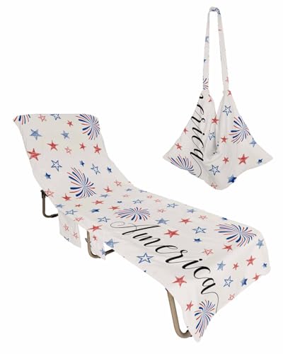 4th of July Beach Lounge Chair Towel Cover, Soft Chaise Lounge Towel with Side Pockets Patio Pool Chairs Cover for Beach/Pool Sunbathing 29x85 Blue Red Star Fireworks Independence Day