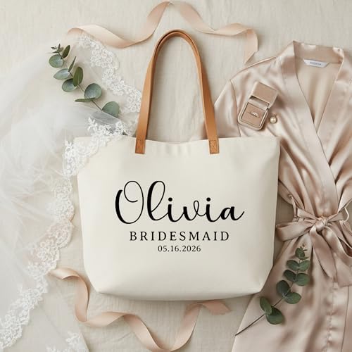 Image of ELEGANTPARK Personalized Bride Tote Bag with Zipper - Custom Engagement Gift for Bride to Be - Large Canvas Wedding Planning Bag - Bachelorette Party & Honeymoon Beach Tote - Bridal Shower Keepsake