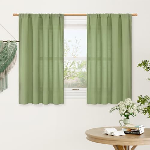 Image of LAMIT Sage Green Linen Curtains for Small Windows, 45 Inches Long Light Filtering Panels Rod Pocket Neutral Privacy Drapes for Kitchen /Window /Bedroom, 2 Panels, 42 x 45 Inch