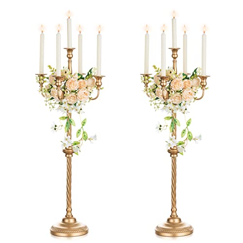 Nuptio Oro Candelabros Centros de Mesa 5 Velas: 88cm Conjunto de 2 Candelabros de Pie Titular de Alto, Metal Candelabro Titular La Vela Retro para El Hogar de La Boda Navidad Halloween Aniversario