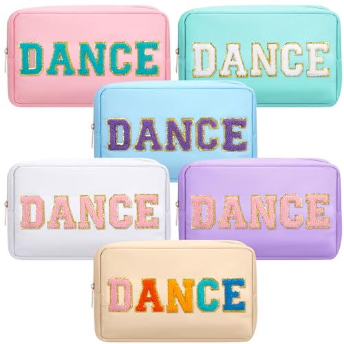 6 Pcs Dance Makeup Bag Cosmetic Bag with Chenille Letter Patches Waterproof Portable Cheerleader Toiletry Zipper Pouch for Girl Women Appreciation (Pastel Colors)