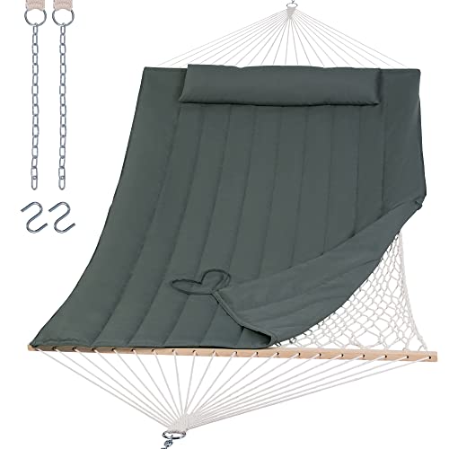 Image of SUNCREAT Portable Double Rope Hammock with Pad, Two Person Tree Hammock for Garden, Backyard, Patio, Poolside, Gray Green
