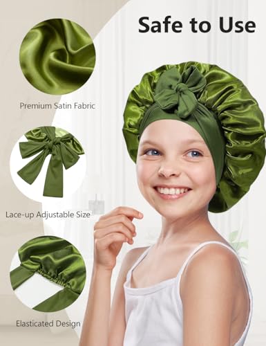 Satin Silk Hair Bonnet for Sleeping Women Kids, Double Layer Bonnet with Tie Band for Girls Boys Curly Hair Night Cap3