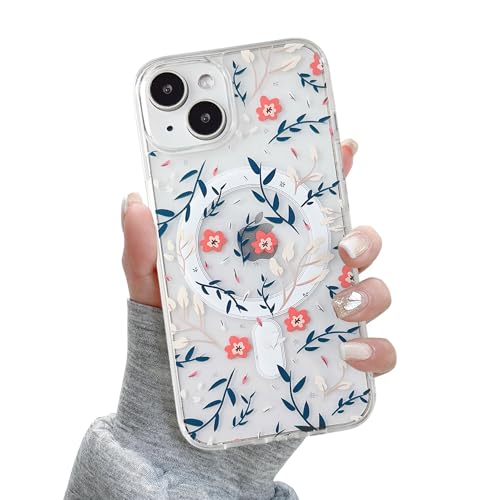 Coque iPhone 14 Plus compatible MagSafe antichoc transparente à motif fleur orange