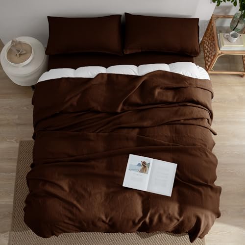 EVERLY Linen Sheets Set Twin Size,100% French Stonewash Pure Linen Sheets Set,3Pieces (1Flat Sheet,1Fitted Sheet,1Pillowcase) Suitable for Hot Sleepers,Deep Pocket Natural Bedding Set-Chocolate