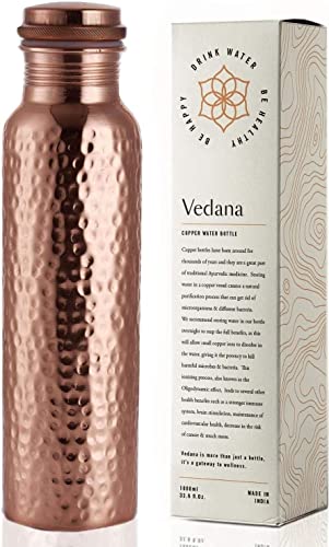 VEDANA Premium Hammered Ayurvedic Pure Copper Water Bottle | Leak Proof 1 Liter Copper Vessel for Drinking Water | Great Water Bottle for Sports, Yoga & Everyday Use