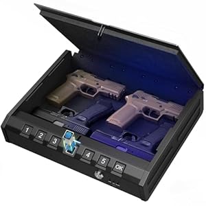 ONNAIS Large Biometric Gun Safe – Fingerprint Pistol Safe with Internal Light, Three Unlock Methods, and Emergency Power Supply, Gun Lock Box for Home, Bedside, Nightstand, and Car Use