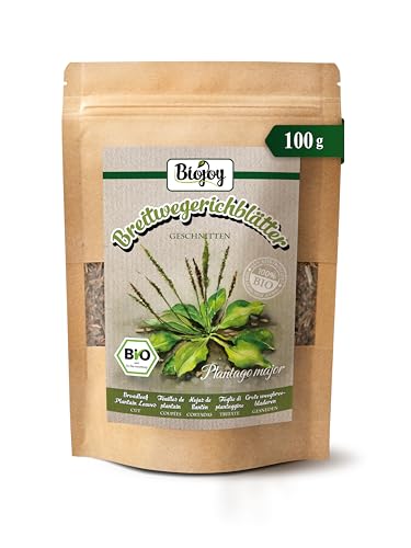 Biojoy Hojas de llantén BÍO (100 g), secadas y cortadas, apto para Infusión (Plantago major)