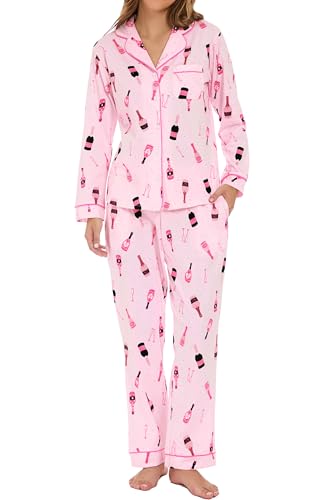 Image of LUBOT 100% Cotton Pajamas for Women Pajama Set 2 Piece PJ Sleepwear Set Soft Ladies Button Knit Long Sleeve Loungewear XS-XXL