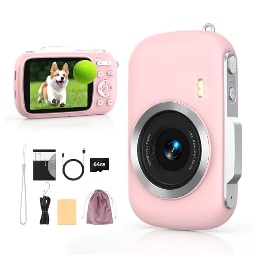 Digital Camera 4K 64MP - Vlogging Camera for Kids & Beginners | 18X Zoom Point and Shoot Camera Anti Shake, Compact with Flash, Gift for Boys Girls(Pink+Silver)