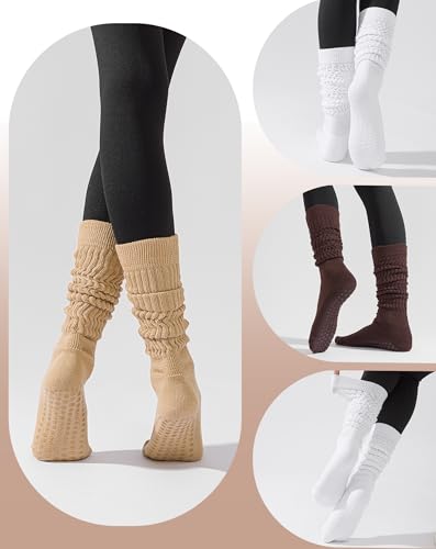 Yawlsow Slouchy Pilates Socks with Grips for Women Scrunch Yoga Grippy Non Slip Long Socks for Barre Workout Hospital4
