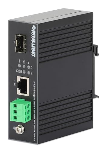 Intellinet Industrial Media Converter PoE++ 90W, RJ45 a SFP, IP30 | Convertidor de medios gigabit RJ45 a SFP con 90W IEEE 802.3bt PoE++, carcasa IP30 para riel DIN, protección contra sobretensiones de 6 kV miniatura 1