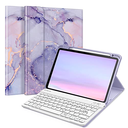 FINTIE Hülle mit Tastatur für iPad Air 11 Zoll M4/M3/M2 (2026/2025/2024), iPad Air 5./4. Gen 10,9 Zoll, TPU Rückschale Schutzhülle mit Stifthalter, magnetisch Abnehmbarer QWERTZ Keyboard, Marmor Lila