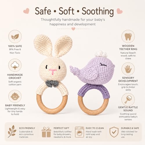 Image of Handmade Crochet Bunny Rattle & Whale Wooden Teether Combo | Baby Teether Toy with Natural Wooden Ring | Soft Knitted Infant Sensory Rattle | Newborn Teething Toy | Organic Cotton Baby Gift Set (Pack of 2)