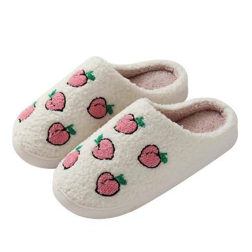 Cute Fruit Peach Pattern Slippers Warm Cozy Soft Fuzzy Fluffy Furry for Home Comfort Fall/Winter Holiday Season Indoor Warmth for Women (7.5)