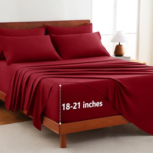 CozyLux Extra Deep Pocket King Size Sheets Set - 6 Piece Microfiber King Sheets Fits Mattress up to 21 Oeko-TEX Certified Breathable Bedroom Decor Bedding Easy & Secure Fit Dark Red