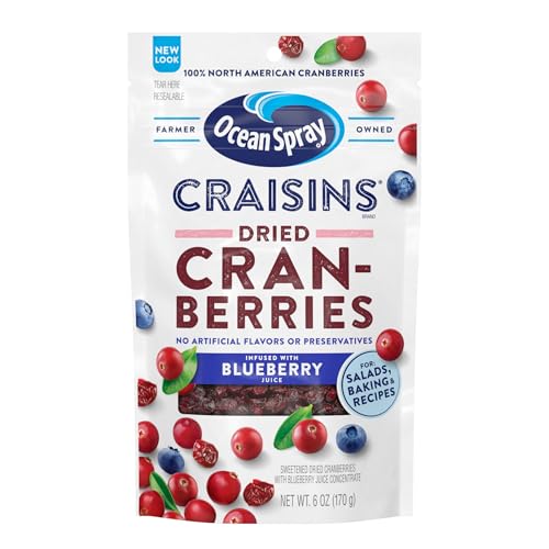 Image of Ocean Spray Craisins Blueberry, Dried Cranberries Infused with Blueberry Juice, Dried Fruit, 6 Oz Pouch (Pack of 12)
