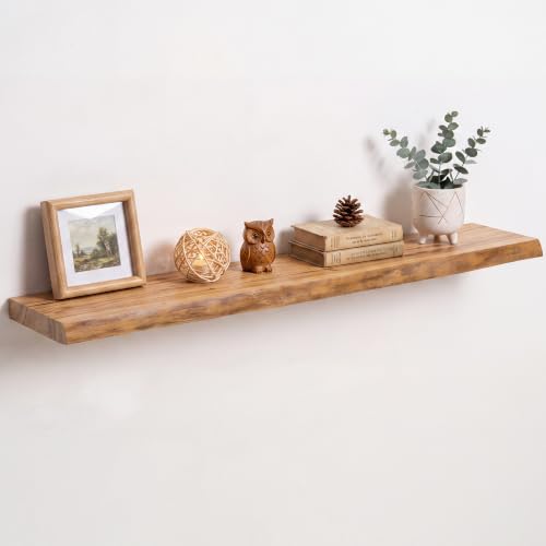 Image of RICHFOCUS Live Edge Elm Floating Shelves - 40 inch W x 9.3 inch D Rustic Solid Wood Wall Shelves with Invisible Bracket, Wall-Mounted for Living Room, Bedroom, Kitchen Storage & Display, Set of 1, Natural