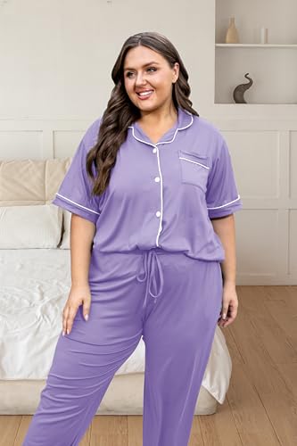 Image of Vozanet Women's Plus Size Pajamas Button Down Shirt and Pants Soft Lounge Sets Bride Nighty Bottom with Pockets 1x to 5x