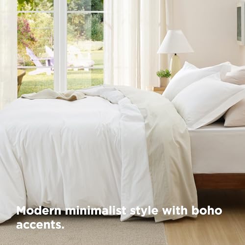 Image of Bedsure Textured Duvet Cover Queen Size - Cotton-Like Polyester Jacquard Duvet Cover Set for All Seasons - 3 Pieces Ultra Soft Bedding Set with 2 Pillow Shams, NO Comforter (White, Queen, 90 inchx90 inch)