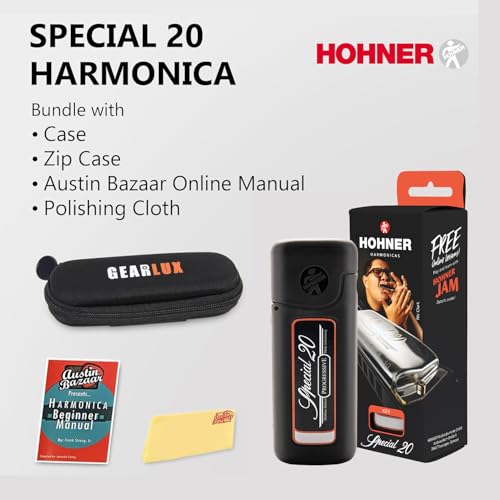 Image of Hohner 560 Special 20 Harmonica Bundle with Carrying Case, Pouch, Harmonica Beginner Manual, and Austin Bazaar Polishing Cloth - Key of C