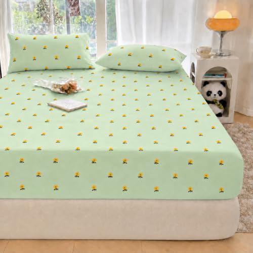 Image of EVERLUSH King Size (60x78) 300 TC Soft Cotton Feel Microfiber All Around Elastic Fitted Double Queen Bedsheet with 2 Pillow Covers | Small Yellow Flower