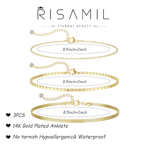 Image of Risamil 14K Gold Plated Ankle Bracelets for Women, Anklets for Women Waterproof Layered Ankle Bracelets for Women Teen Girl Herringbone Anklet Set Summer Foot Jewelry Gifts