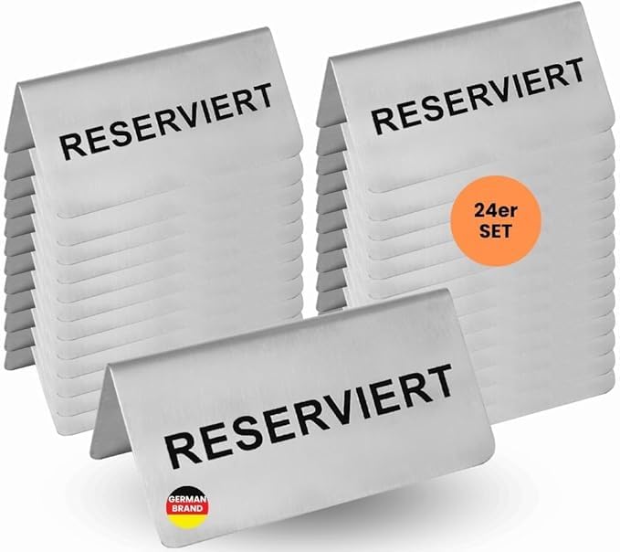 getgastro 24-er Reserviert Schilder Gastronomie Edelstahl rostfrei kratzfeste Oberfläche lange Lebensdauer klassisches Design - Tischaufsteller für Restaurant Hotel oder Events 10x5cm
