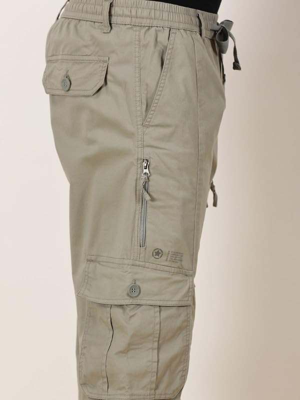 Image of BEEVEE Men's Solid Plain Cargo Pants | Mid Rise Regular Fit | 9 Functional Pockets | Stretchy Twill Lycra (97% Cotton, 3% Lycra) - Versatile Comfort for Everyday Adventures