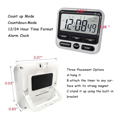 Digital Dual Kitchen Timer with Strong Magnet,24-Hour Countdown & Stopwatch,Loud Alarm,12/24 Hour Clock Switch,Calendar,Visual Indicator Light,Mute Option,3 Placement Options (Batteries Included)