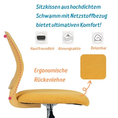 FurnitureR Restaurantstuhl ergonomischer Drehstuhl ohne Armlehnen, höhenverstellbar, Netzrückenlehne, Metallfuß mit Rollen, 38x40cm Sitz, 32cm Rückenlehne, bis 130kg, Ochrgelb