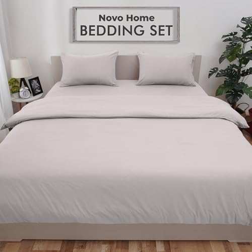 Bedding Set Super King with Fitted Sheet, Duvet Cover & 2 Pillowcases - Light Grey Microfibre 4 Piece Bed Set