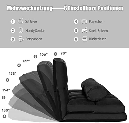 5. Bild von COSTWAY 3 in 1 Bodensofa klappbar, Schlafsofa mit 6 stufig Verstellbarer Rücklehne & 2 Kissen, Sofabett mit Schlaffunktion, Lazy Sofa für Schlafzimmer, Wohnzimmer & Balkon, 150kg Belastbar (Schwarz)