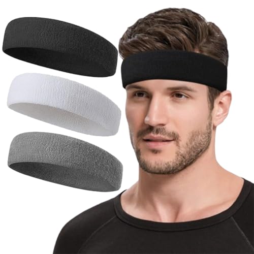 3 fasce sportive per la testa — Fasce sportive per la testa per uomini e donne, fasce sportive per la testa assorbenti la sudore in velluto di cotone (nero/bianco/grigio).