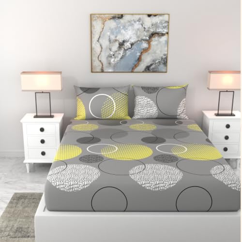 Image of LORETO - A QUALITY LINEN BRAND 144 TC 100% Pure Cotton King Size Fitted Bedsheet with 2 Pillow Covers for 72 x 72 Inch Mattress, All-Around Elastic, 8 Inch Deep Pocket, Grey & Yellow Geometric