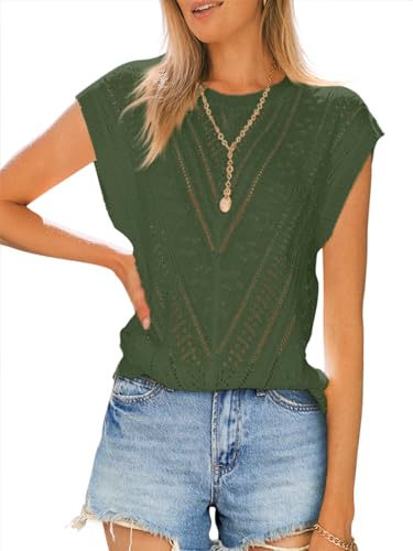 Image of Langwyqu Womens Cap Sleeve Tops Summer Crew Neck Shirt Lightweight Crochet Knit Sweater