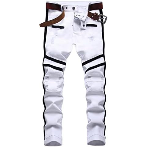 Men's Navy Sailor Style Ripped Skinny Straight Slim Fit Stretch Jeans Pants, E White 1030, 32 Cover