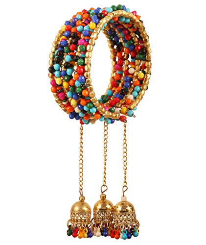 Image of Touchstone Indian Colorful Bead Bracelet Bollywood Beaten Metal Beads Openable Broad Cuff Bracelet in Gold or White Tone for Women.