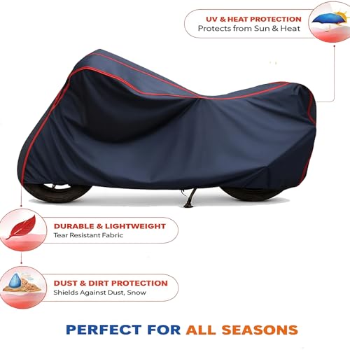 Image of Waterproof Bike Body Cover Compatible for | Bajaj Pulsar N160 ABS | Taffeta Fabric, Red Piping Design, Bottom Elastic Fit | Dustproof, Sun UV & Rain Protection for All Bikes