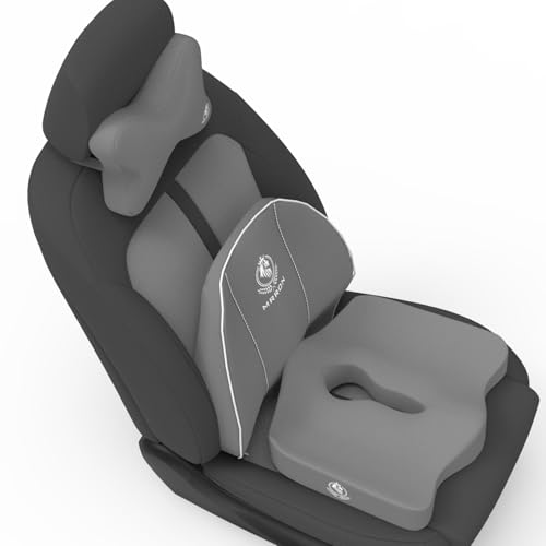 Image of MRRON Memory Foam Car Seat Cushion Combo - Backrest, Coccyx Cushion & Neckrest - Orthopedic Support for Back, Sciatica & Neck Pain - Ergonomic Comfort for Car, Office. (Grey, Spine Support)